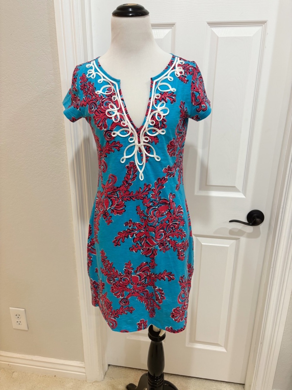 Lilly Pulitzer Cotton Brewster Turquoise & Pink Floral Embroidered Dress Small